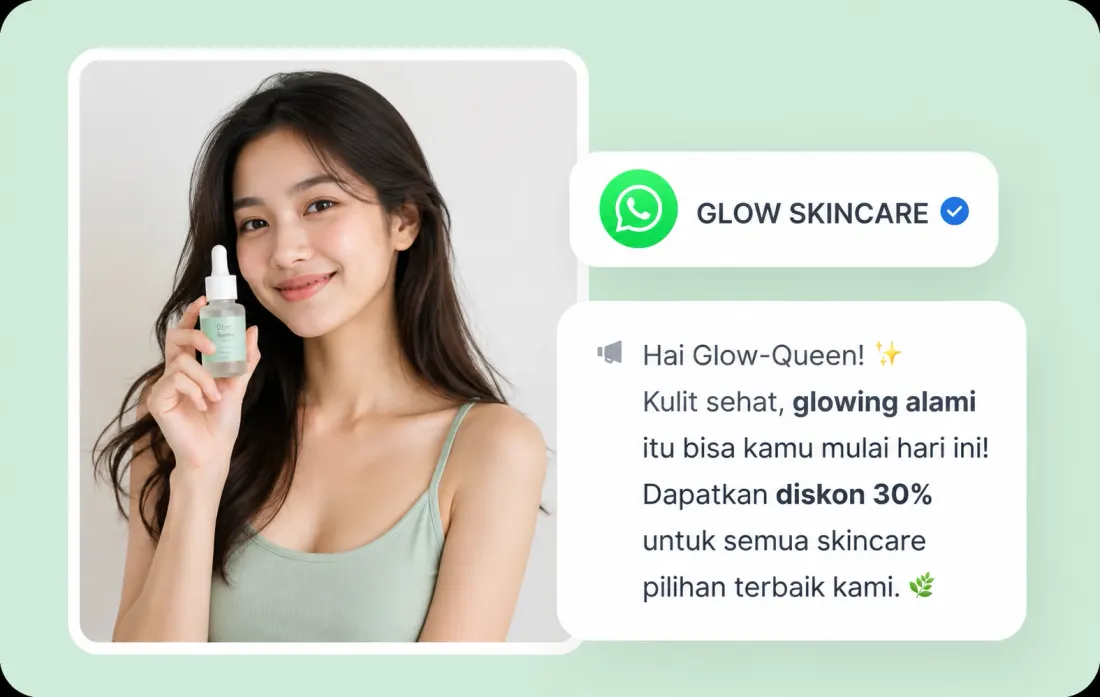 Contoh broadcast WhatsApp dari akun bisnis terverifikasi dengan foto produk dan pesan promo