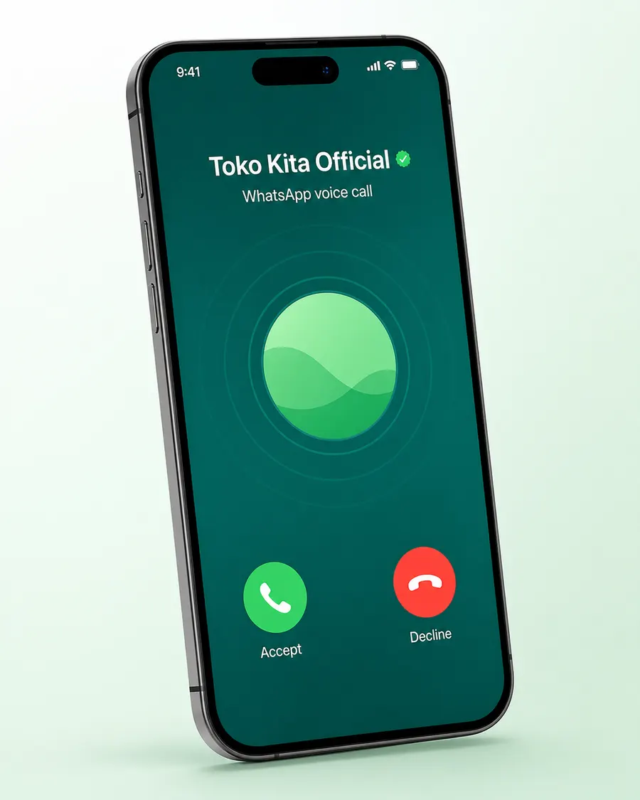 Layar HP menerima panggilan suara WhatsApp dari akun bisnis terverifikasi
